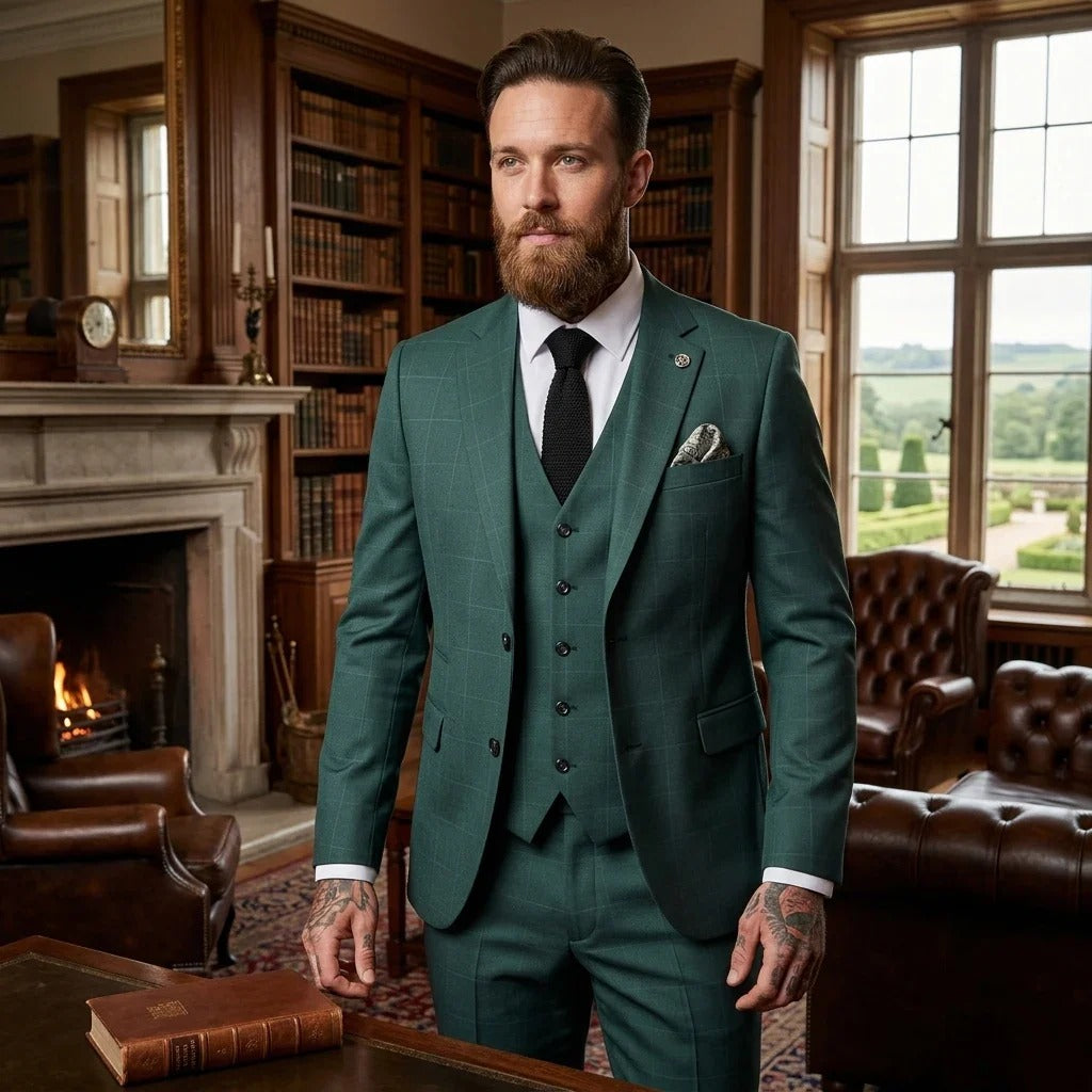 IM52 - Costume trois pièces à carreaux verts pour homme, coupe ajustée
