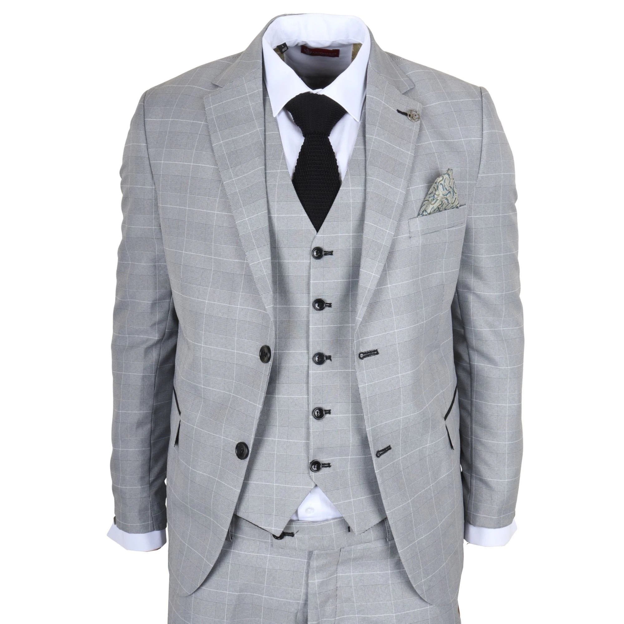 IM53 - Costume trois pièces à carreaux gris pour homme, coupe ajustée