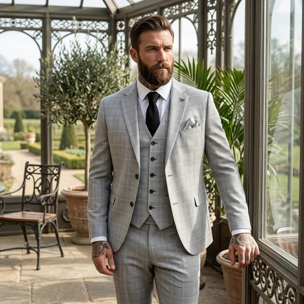 IM53 - Costume trois pièces à carreaux gris pour homme, coupe ajustée