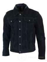 Real Suede Leather Mens Vintage Short Denim Style Retro Jean Jacket Casual - Black Color