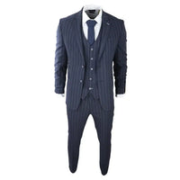 Mens 3 Piece Suit Pin Stripe Navy Classic Vintage Retro 1920s Tailored Fit Wedding