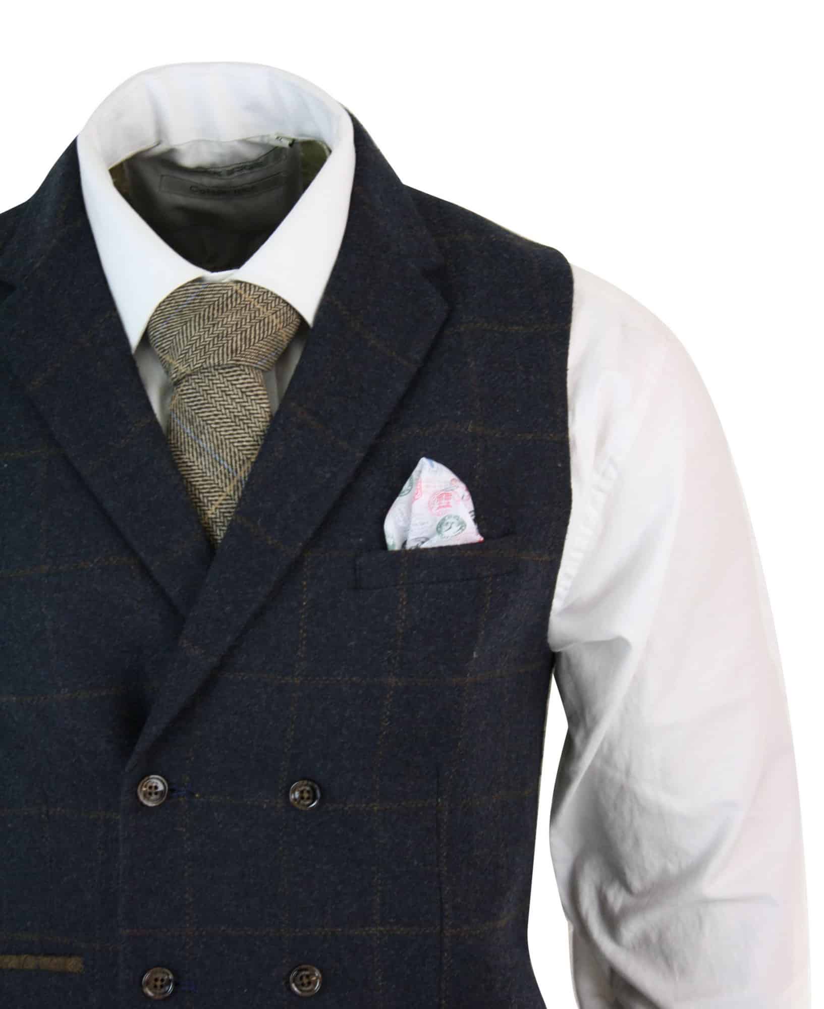 Mens Double Breasted Herringbone Tweed Peaky Blinders Vintage Check Waistcoat Navy Blue