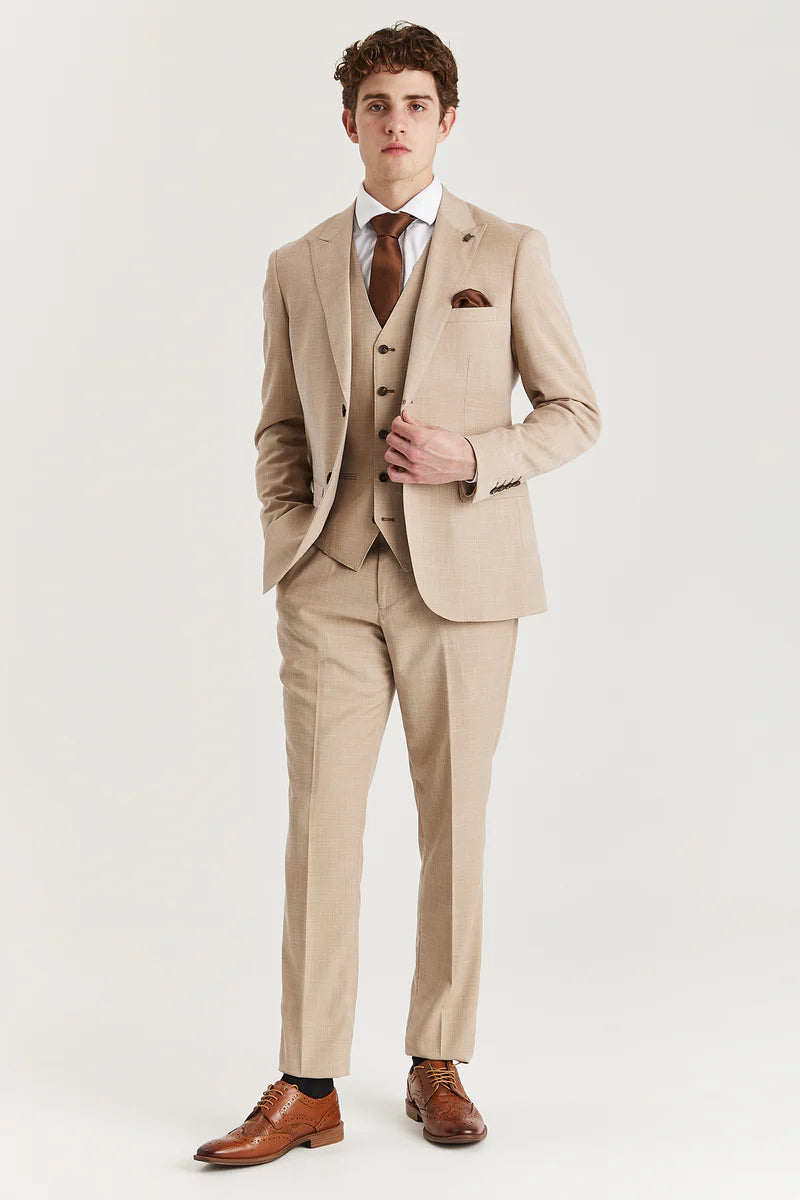 Costume trois pièces en tweed beige à carreaux pour homme
