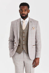 Costume beige Leo avec gilet contrastant en tweed Harris marron