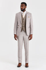 Costume beige Leo avec gilet contrastant en tweed Harris marron
