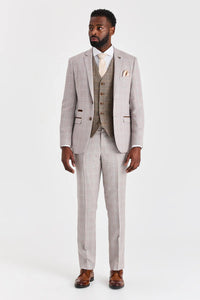 Costume beige Leo avec gilet contrastant en tweed Harris marron