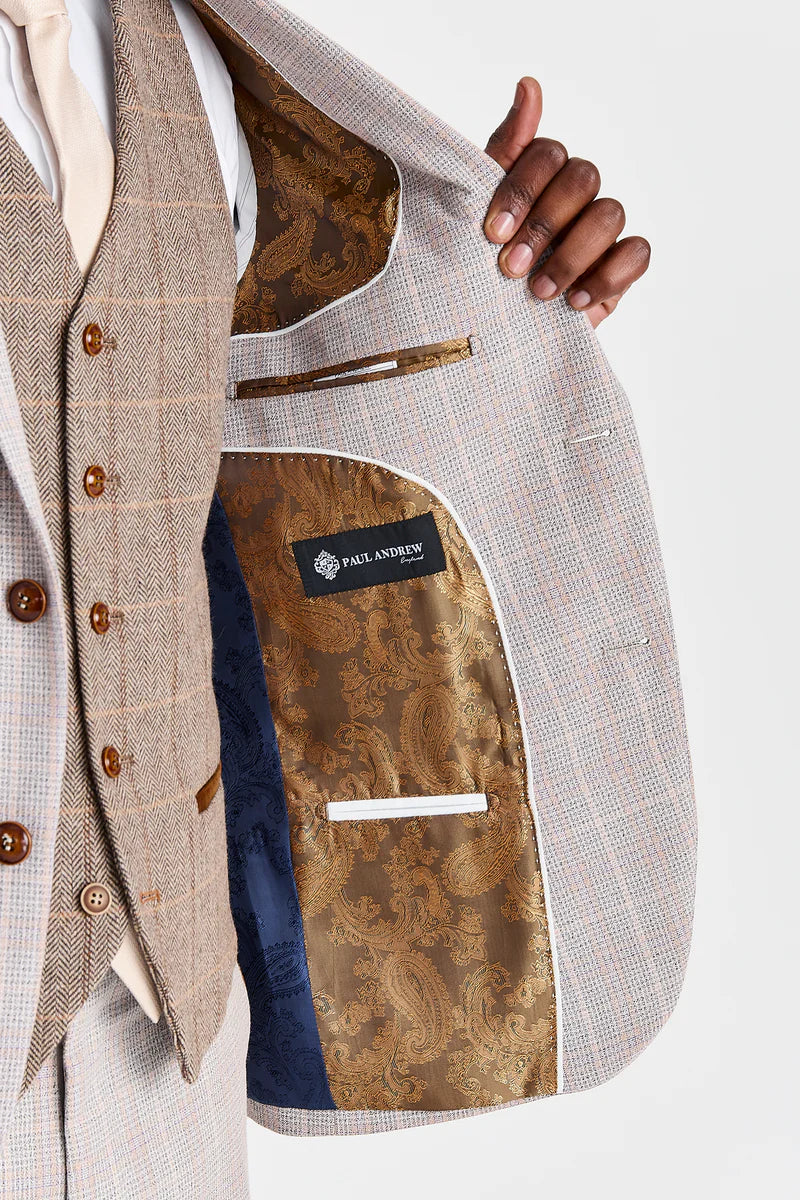 Costume beige Leo avec gilet contrastant en tweed Harris marron