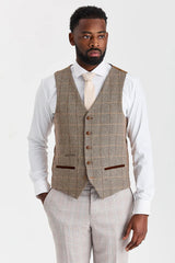 Costume beige Leo avec gilet contrastant en tweed Harris marron