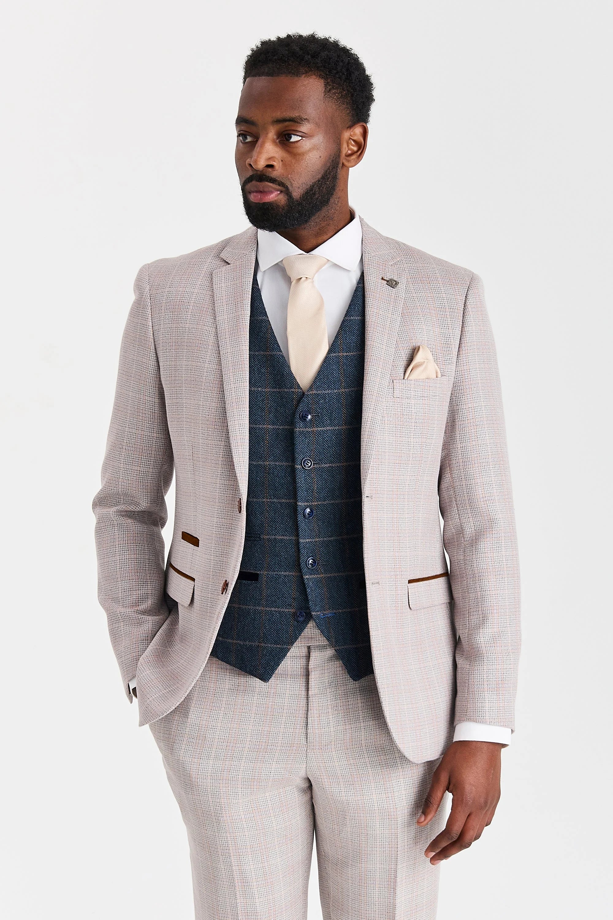 Costume beige Leo avec gilet en tweed marine Harris