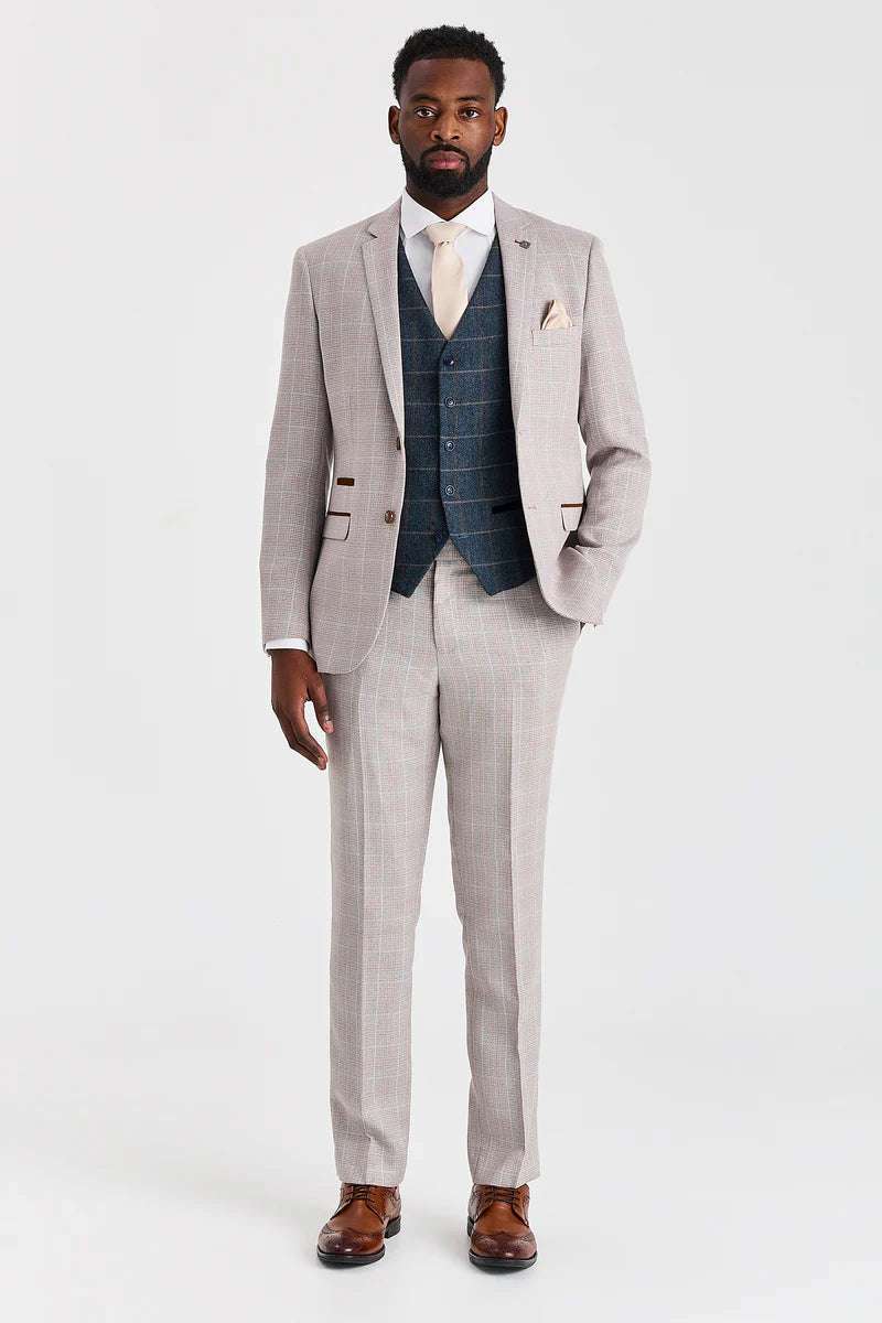 Costume beige Leo avec gilet en tweed marine Harris