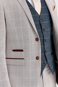 Costume beige Leo avec gilet en tweed marine Harris