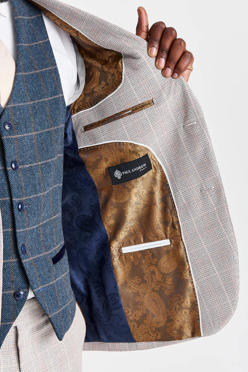 Costume beige Leo avec gilet en tweed marine Harris
