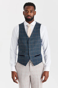 Costume beige Leo avec gilet en tweed marine Harris