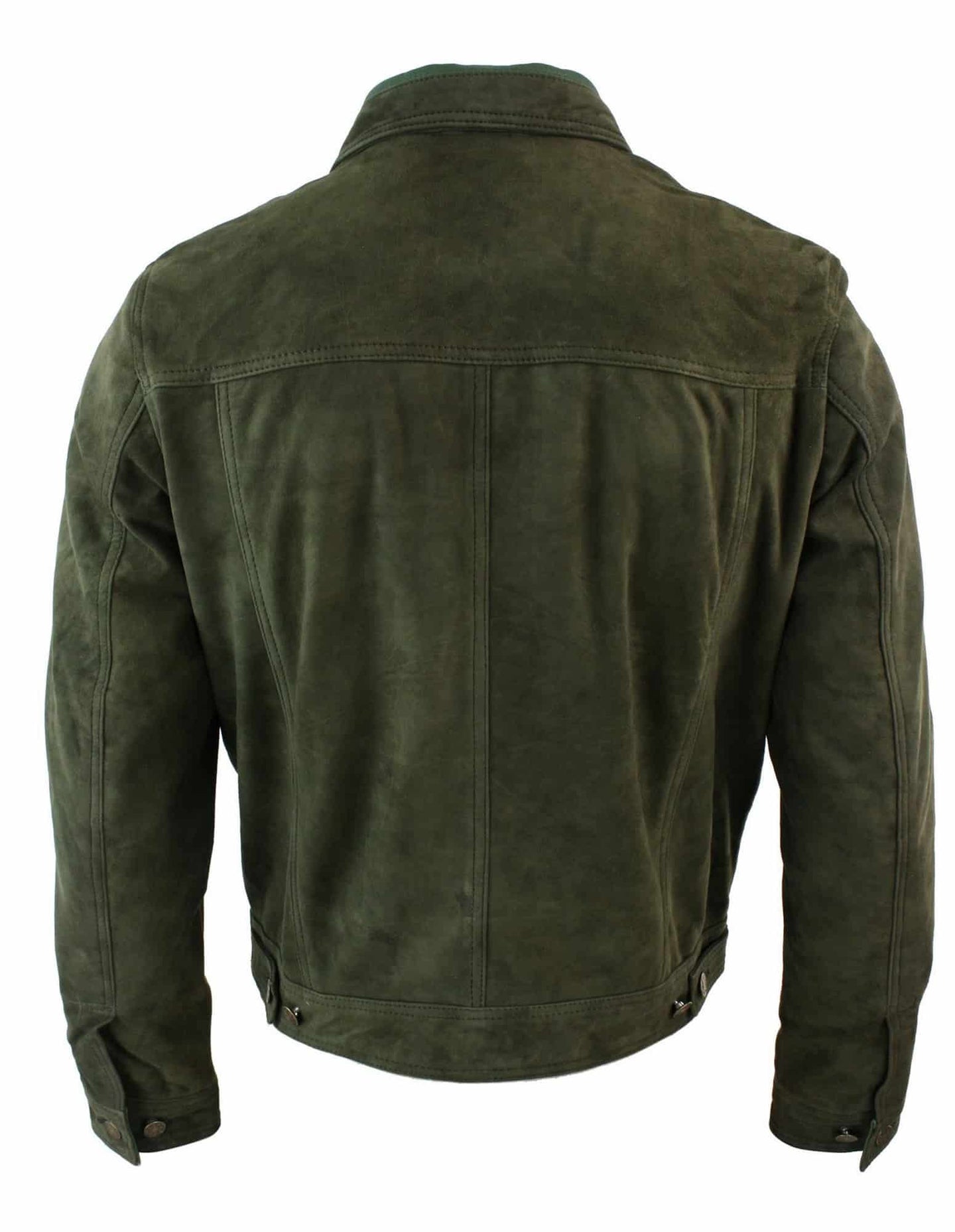 Real Suede Leather Mens Vintage Short Denim Style Retro Jean Jacket Casual - Olive Color