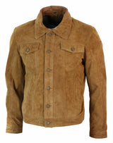 Real Suede Leather Mens Vintage Short Denim Style Retro Jean Jacket Casual - Brown Color