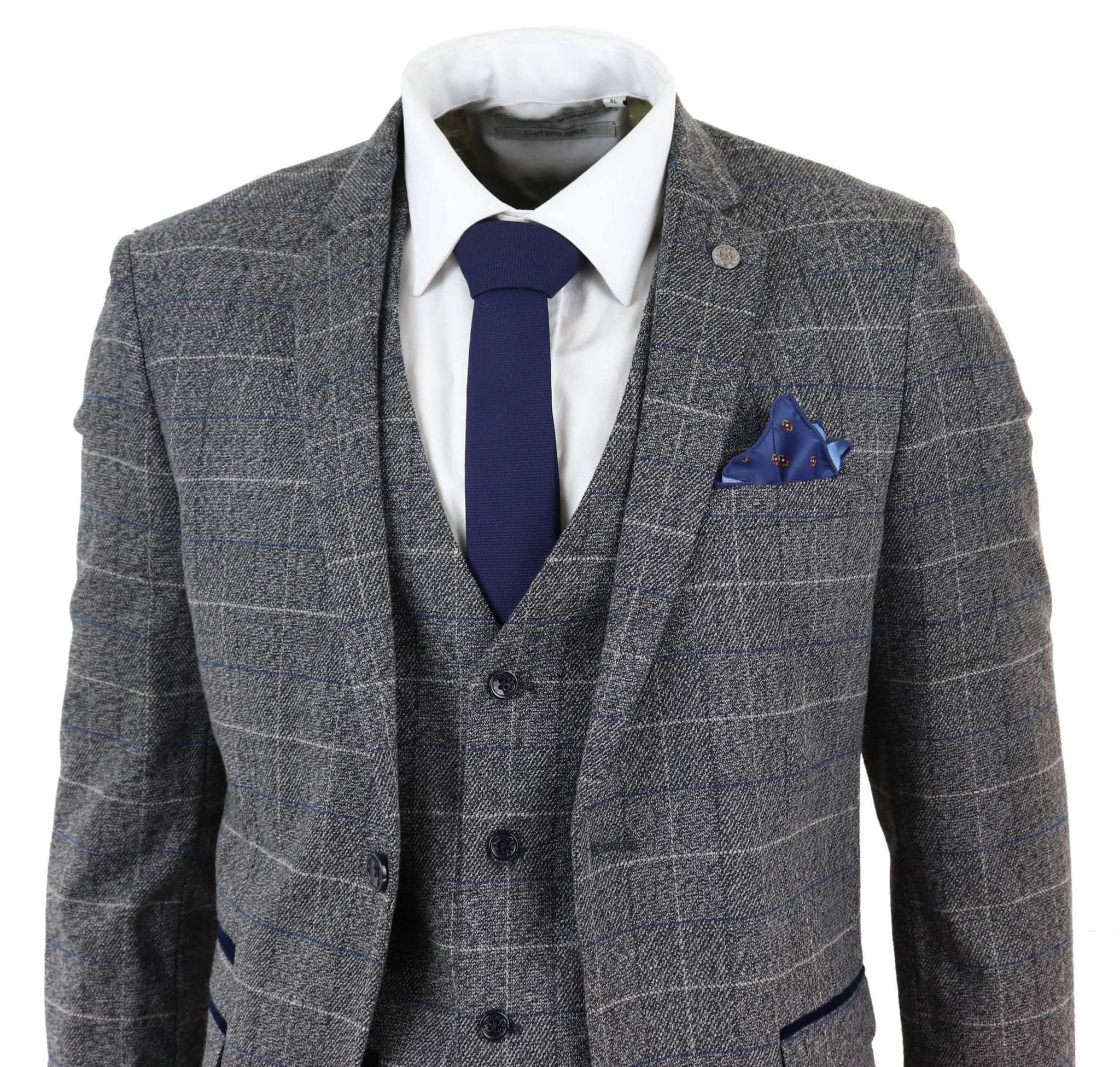 Marc Darcy Scott - Mens Grey with Blue Check 3 Piece Suit