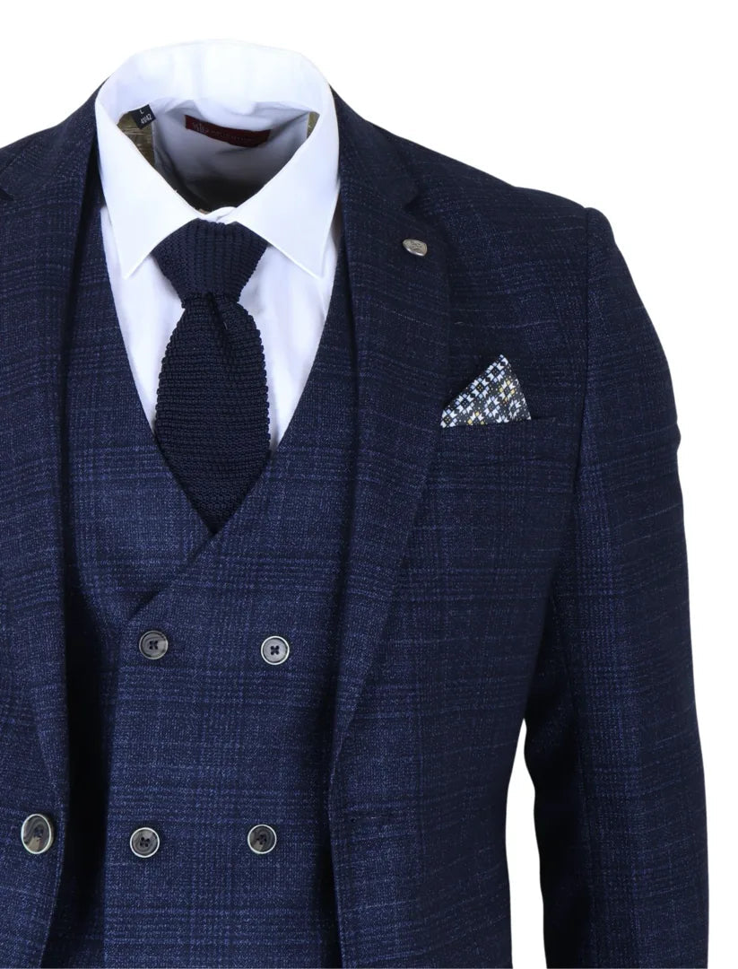 Luis - Costume trois pièces pour homme à carreaux bleus, coupe ajustée