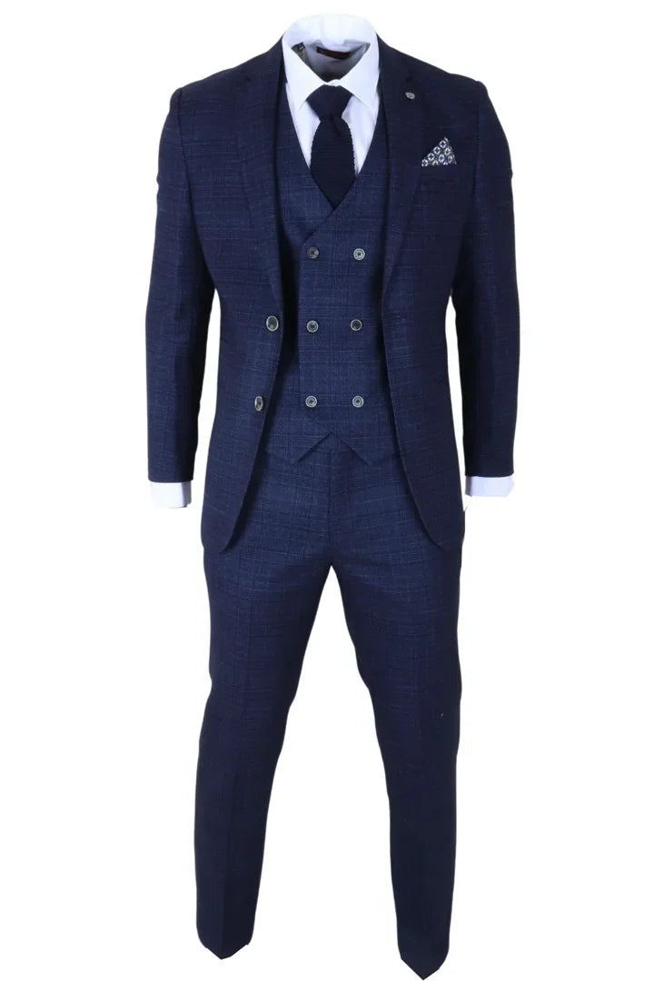 Luis - Costume trois pièces pour homme à carreaux bleus, coupe ajustée