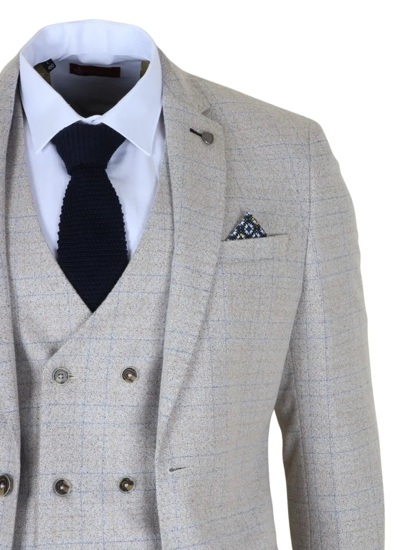 Luis - Costume trois pièces pour homme, coupe ajustée, à carreaux crème