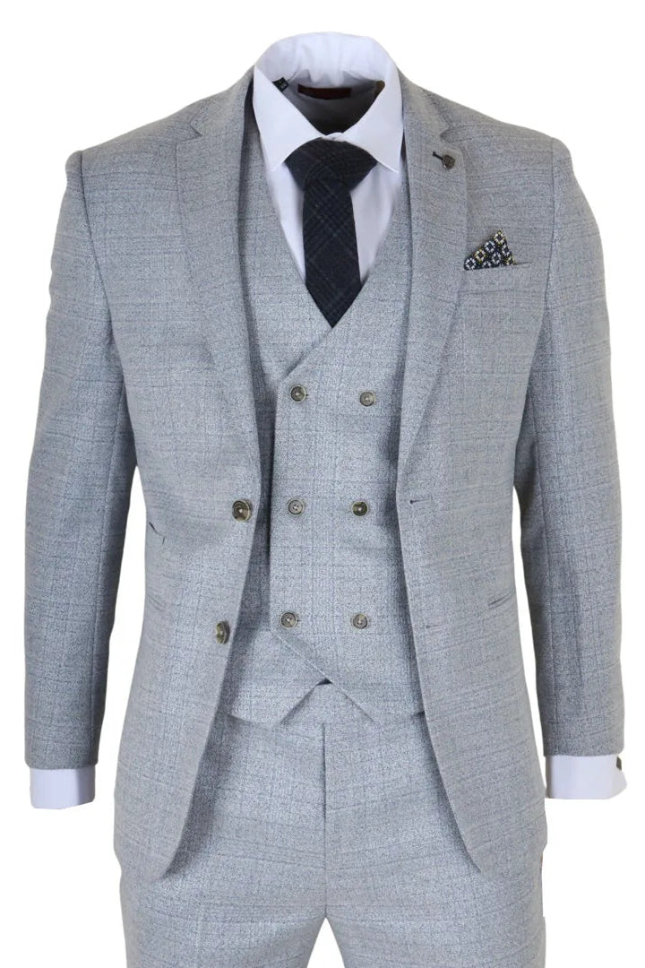 Gray checkered suit with white shirt, black tie, and pocket square on a white background