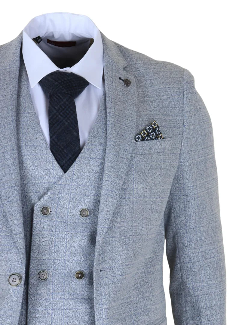 Luis - Costume trois pièces pour homme, bleu clair à carreaux, coupe ajustée