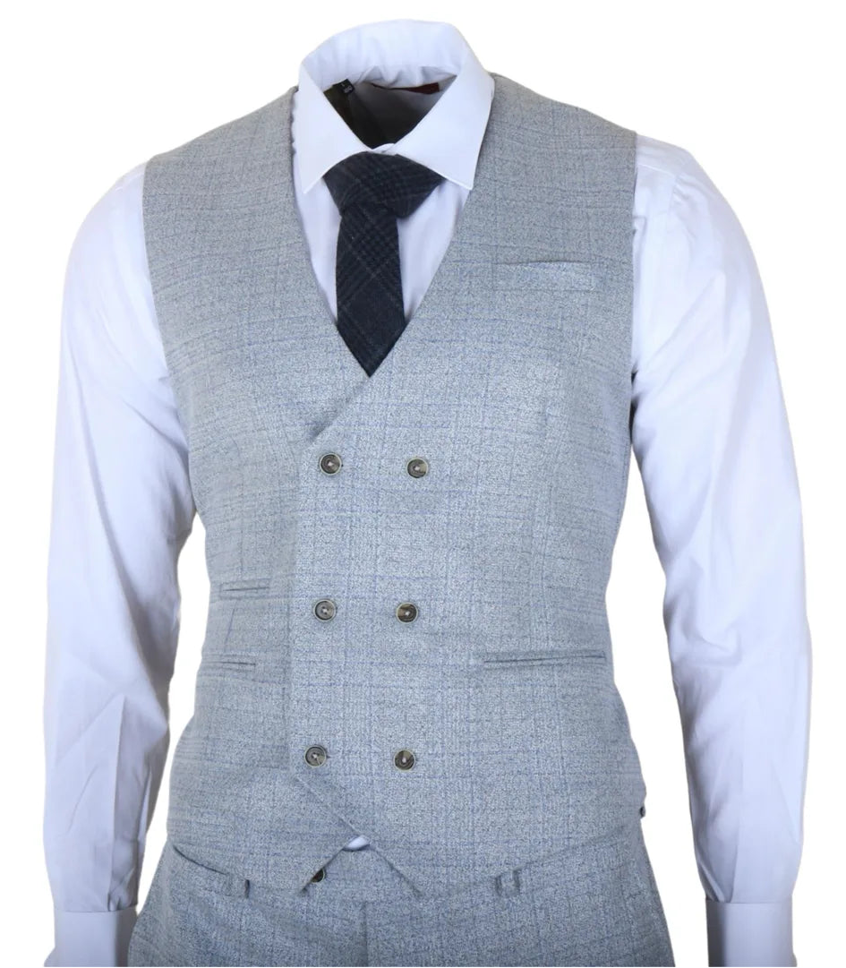 Luis - Costume trois pièces pour homme, bleu clair à carreaux, coupe ajustée