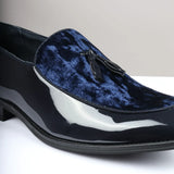 Men's Slip On Tassel Velvet Detailed Patent Navy Loafers