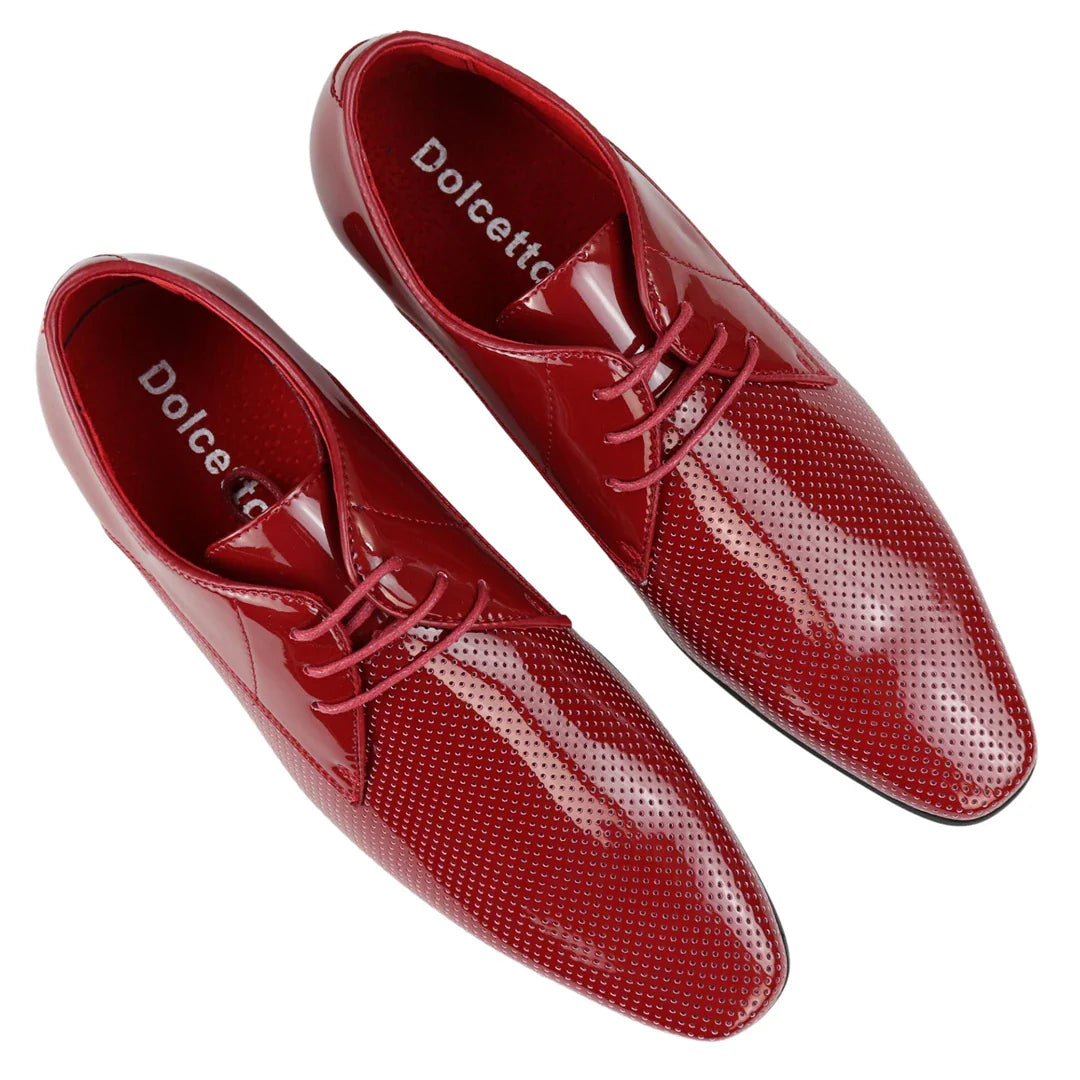 Mens Shoes Smart Formal Perforated Pointed Laced Red Patent Leather PU
