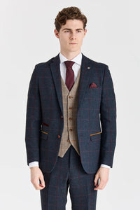 Costume bleu marine Madrid avec gilet contrastant en tweed Harris marron