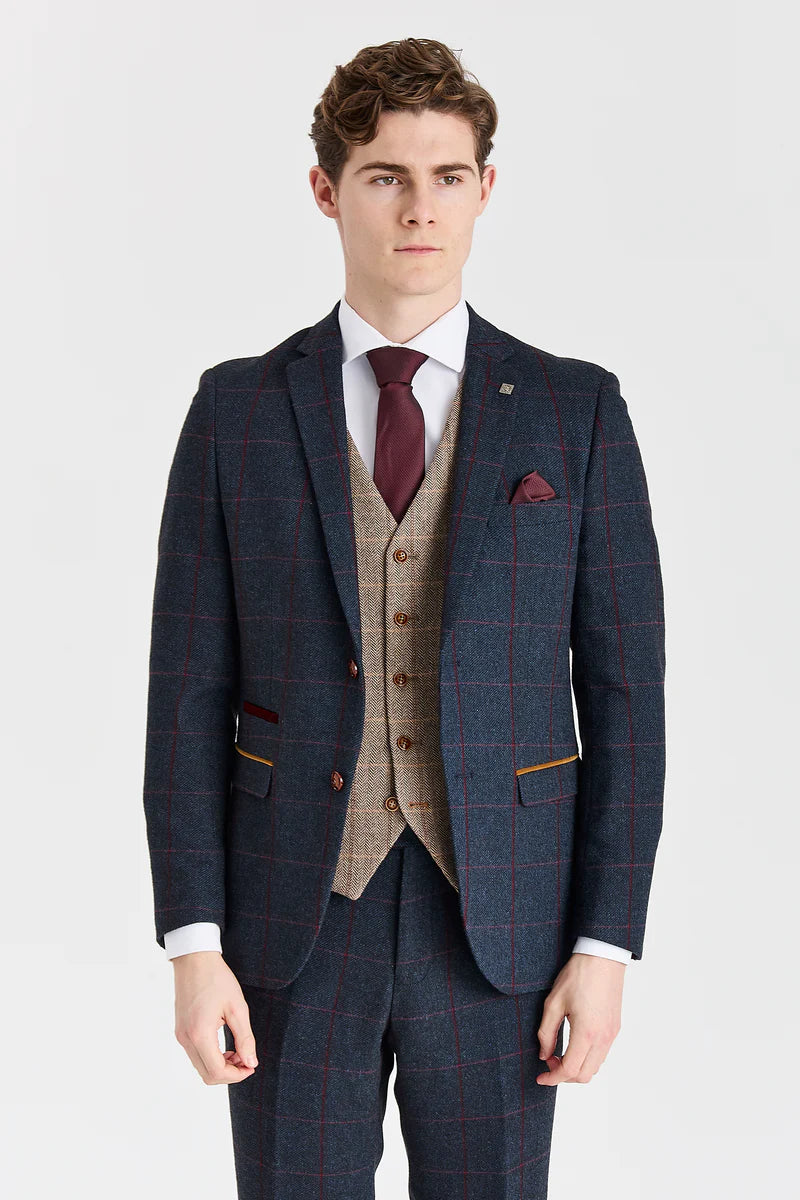 Costume bleu marine Madrid avec gilet contrastant en tweed Harris marron