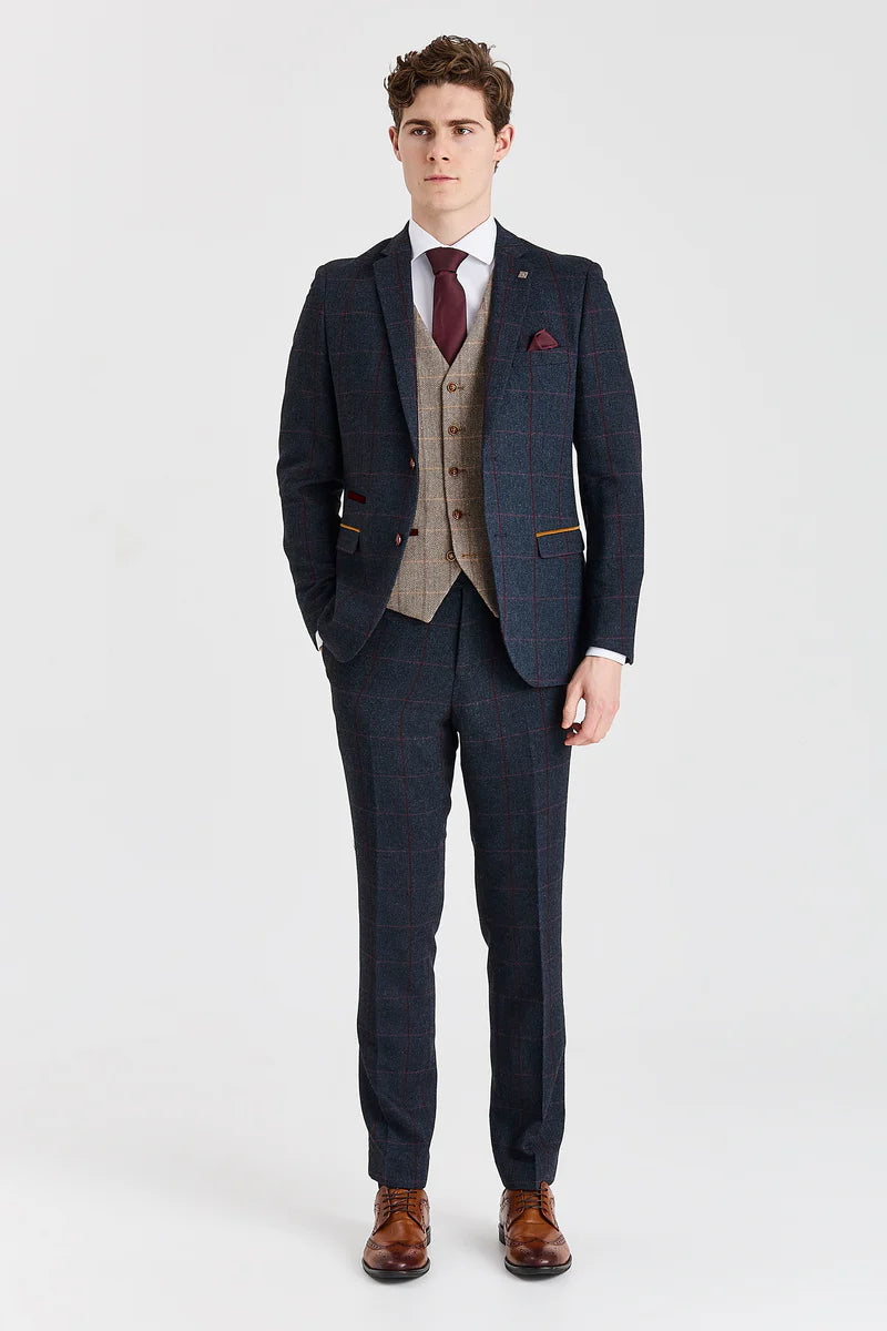 Costume bleu marine Madrid avec gilet contrastant en tweed Harris marron