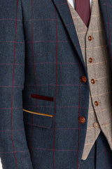 Costume bleu marine Madrid avec gilet contrastant en tweed Harris marron