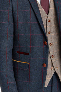 Costume bleu marine Madrid avec gilet contrastant en tweed Harris marron