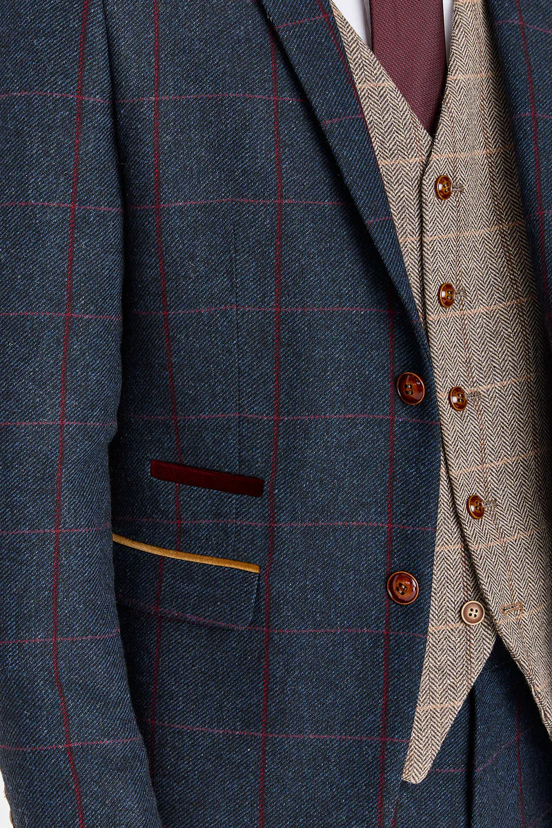 Costume bleu marine Madrid avec gilet contrastant en tweed Harris marron