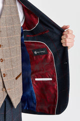 Costume bleu marine Madrid avec gilet contrastant en tweed Harris marron