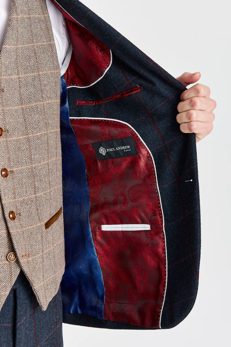 Costume bleu marine Madrid avec gilet contrastant en tweed Harris marron