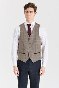Costume bleu marine Madrid avec gilet contrastant en tweed Harris marron