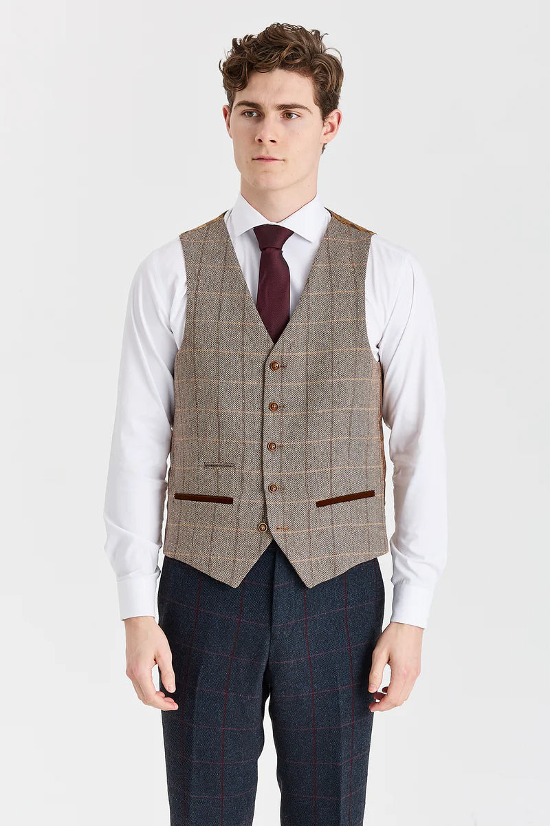 Costume bleu marine Madrid avec gilet contrastant en tweed Harris marron