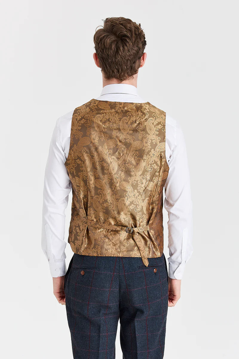 Costume bleu marine Madrid avec gilet contrastant en tweed Harris marron