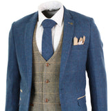 Marc Darcy Dion - Mens Blue Tan Brown 3 Piece Herringbone Tweed Check Vintage Tailored Fit Suit