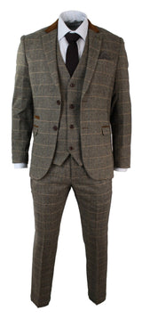 Mens Check Vintage Herringbone Tweed Tan 3 Piece Suit Slim Fit Wedding