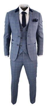 Mens 3 Piece Blue Check Suit - Marc Darcy Hilton