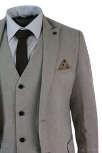 Mens Herringbone Tweed 3 Piece Suit Velvet Trim Classic Vintage Slim Fit Beige