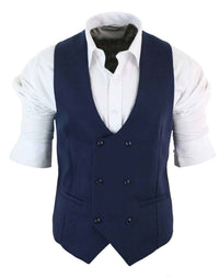 Mens Double Breasted Felt Tweed Vintage Retro Classic Waistcoat Slim Fit Herringbone-Melton DBC Blue