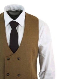 Mens Double Breasted Felt Tweed Vintage Retro Classic Waistcoat Slim Fit Herringbone-Melton DBC Tan