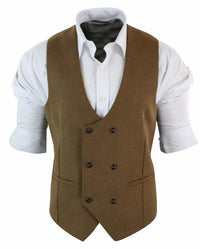 Mens Double Breasted Felt Tweed Vintage Retro Classic Waistcoat Slim Fit Herringbone-Melton DBC Tan