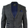 Veste blazer homme en tweed à chevrons gris, coupe vintage, garniture en velours bleu - Gris