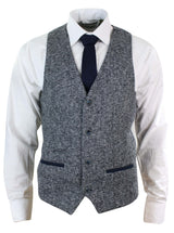 Mens Grey Blue Herringbone Tweed Slim Fit Chunky Waistcoat Blazer Smart Casual