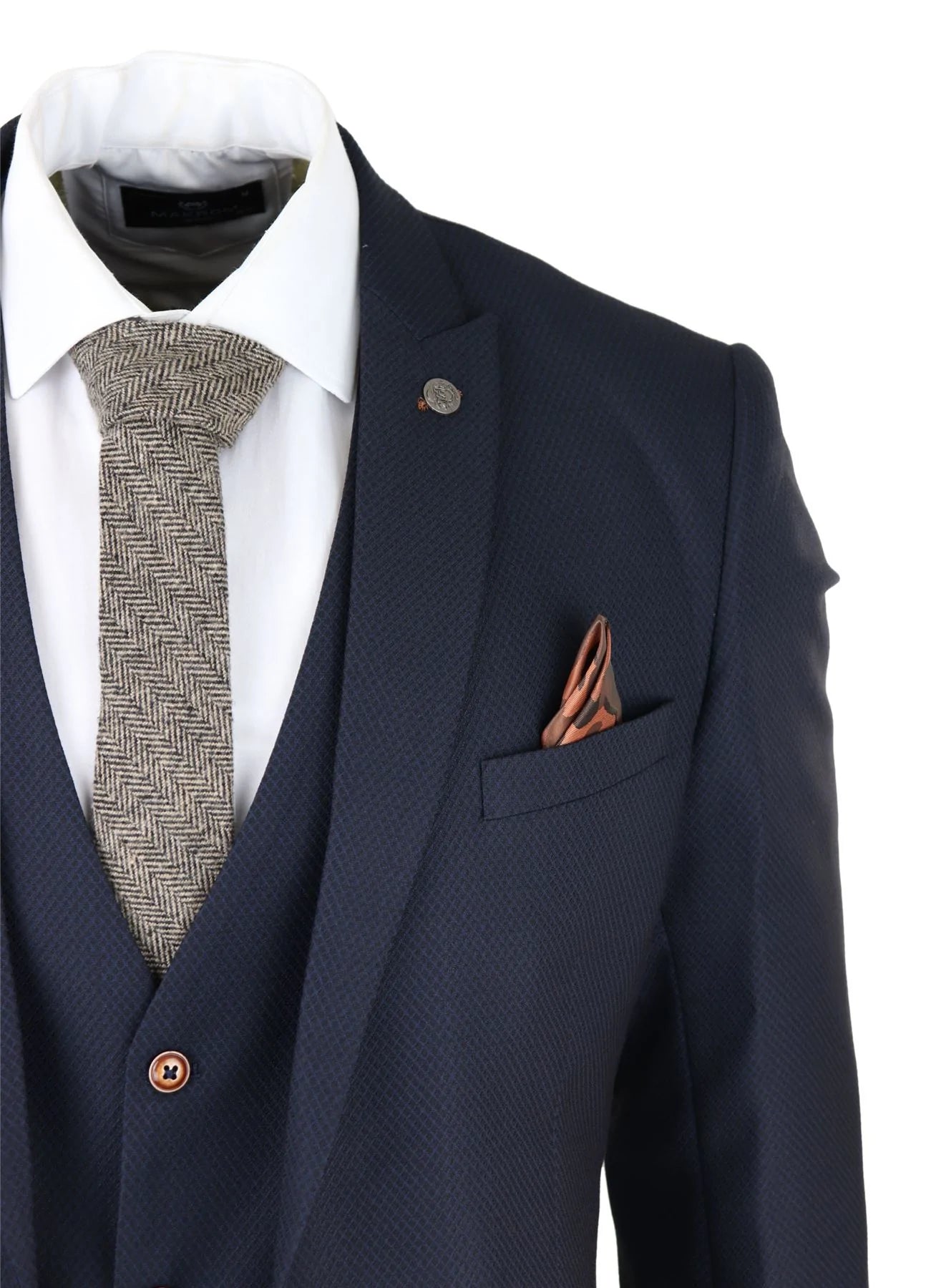 Mens 3 Piece Birdseye Navy Blue Suit Slim Fit Marc Darcy Max Classic 1920s Vintage