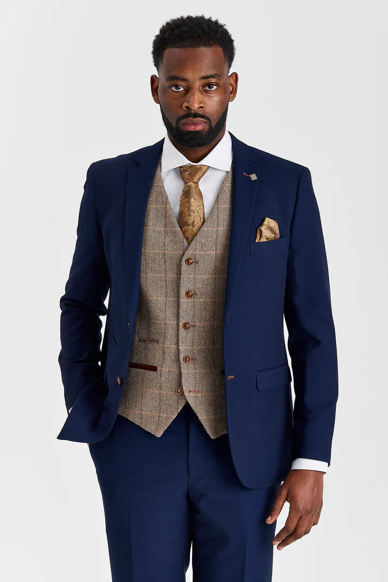Costume Mayfair bleu marine texturé avec gilet contrastant en tweed Harris marron